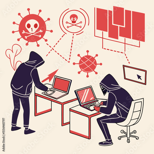 Hackers Spreading Malware – Cybercrime and Virus Attack Teamwork Vector Illustration