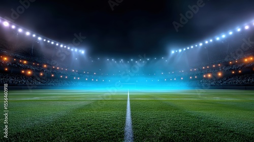 Vibrant Football Stadium at Night with Illuminated Field and Foggy Atmosphere