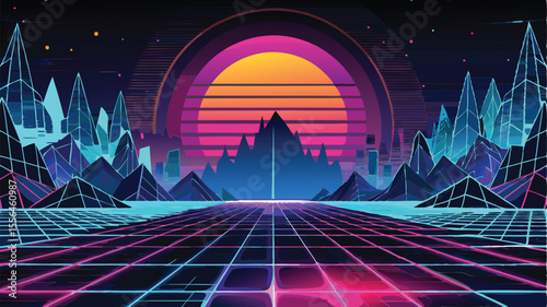 Futuristic Synthwave Landscape Abstract Tech Background with Glowing Retro Sunset