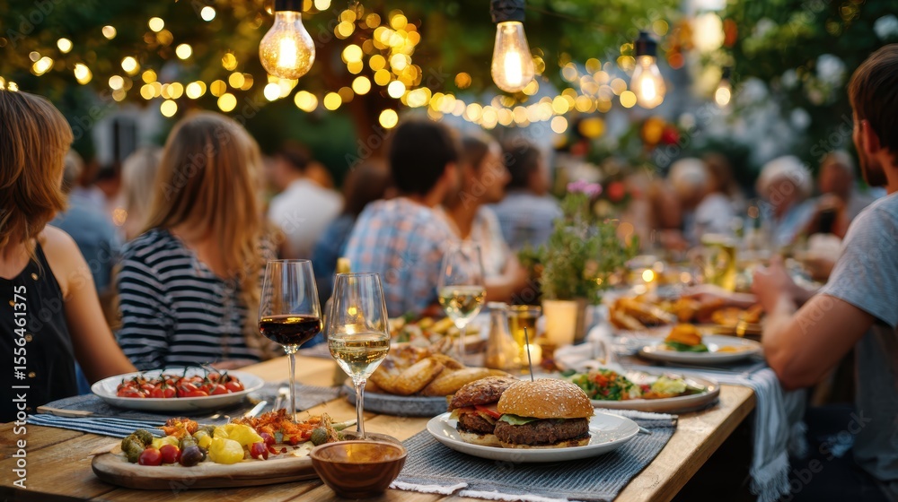 Outdoor Dinner Gathering with Delicious Food and Warm String Lights in a Relaxed Summer Atmosphere Outdoor Dinner Gathering with Delicious Food and Warm String Lights in a Relaxed Summer Atmosphere
