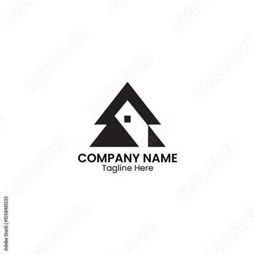 A black and white logo featuring a stylized house and triangle shapes for a company brand identity design