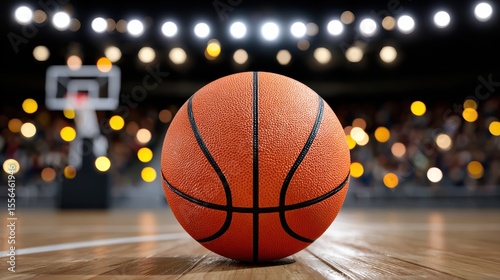 Close Up of a Basketball on a Wooden Court Under Bright Arena Lights