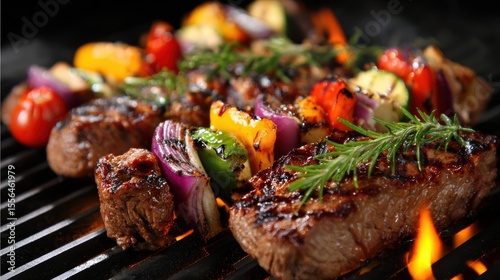 Juicy Grilled Steak with Colorful Vegetables and Fresh Rosemary Garnish on Barbecue Grill