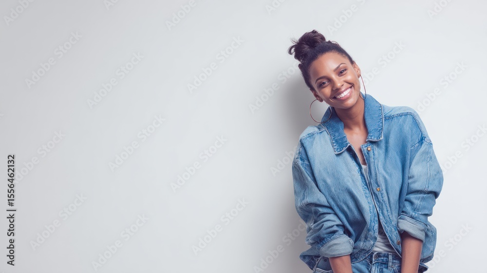 Fototapeta premium Woman modeling a denim-on-denim outfit-jeans and jacket-smiling confidently, high-key white studio setting