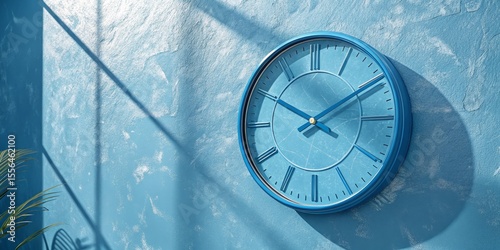 Blue Wall Clock Round Roman Numeral Design, Sunlit Minimalist Concept, Home Decor Wall Clock, Minimalist Design