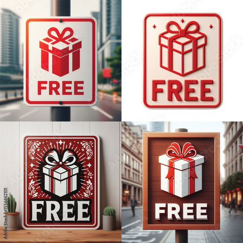 Decorative signs displaying free gift boxes in various styles  