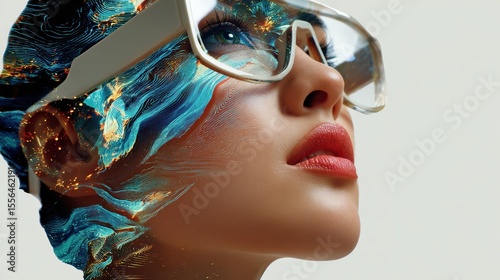 Artistic Portrait of a Young Woman with Colorful Digital Effects and Glasses Against a Neutral Background