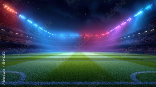 Dramatic Night Scene of a Soccer Stadium with Colorful Lights and Lush Green Field