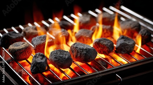 Charcoal Grilling with Flames and Smoldering Coals on a Barbecue Grill in Dark Atmosphere