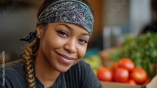 Confident Young Woman Smiling in a Modern Kitchen Surrounded by Fresh Vegetables and Ingredients