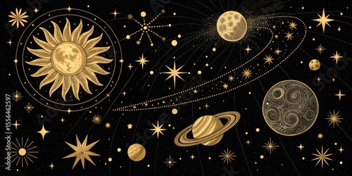 Celestial Gold Ornate Sun, Moon and Planets, Cosmic Art, Black Background, Gold Ink, Astrology, Universe Astrology
