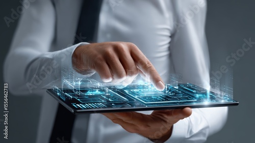 Professional Hand Interacting with Futuristic Digital Interface Display on Tablet