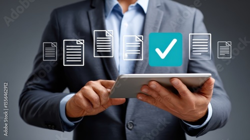 Business Professional Using Tablet to Manage Documents and Approvals with Digital Checkmark Icon