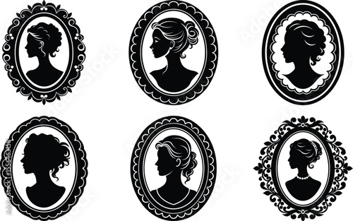 Set of Vector silhouette set of cameo  woman on white background