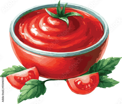 Vector watercolor painted illustration of ketchup tomato sauce