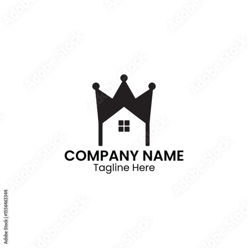 A black and white logo featuring a house with a crown on top and company name and tagline below