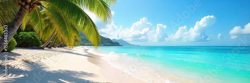 Tranquil Paradise Sun-Drenched Beach with Turquoise Waters, Soft Sand, and Swaying Palms - Perfect for Travel and Vacation Themes
