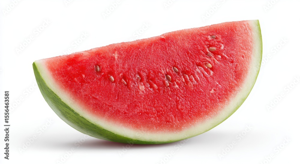 Sliced watermelon with red pulp and seeds. Resting on white surface with light shadow Sliced watermelon with red pulp and seeds. Resting on white surface with light shadow