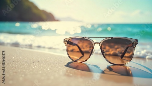 Stylish Summer Sunglasses Reflecting Sunlight on a Vibrant Beach, Perfect for Travel, Vacation, and Summer Product Promotion