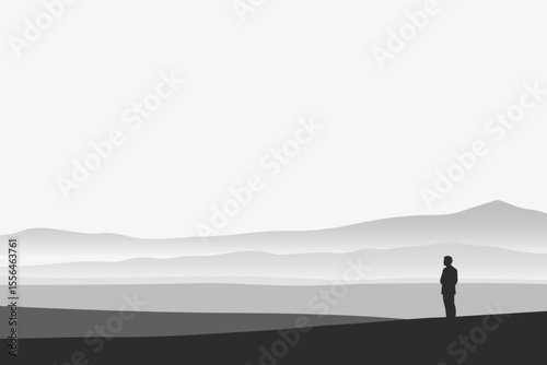 Silhouette of a man contemplating a serene grayscale landscape, minimalist design, peaceful mood, conveying contemplation and introspection.