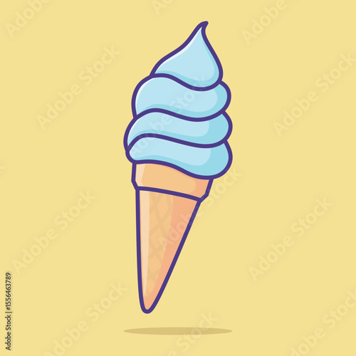 Blueberry ice cream cone vector flat illustration. Blue ice cream with on colorful background.