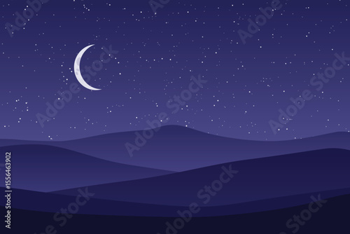 Serene night landscape: crescent moon over silhouetted mountains, starry sky, minimalist vector illustration, peaceful nighttime scene.