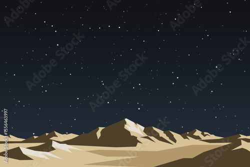 Serene nighttime desert landscape: starry sky over low-poly mountains, minimalist style, calm and peaceful atmosphere.