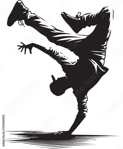 An energetic silhouette of a breakdancer executing a spinning handstand, encapsulating movement, artistry, and urban culture. Features vibrant circular effects