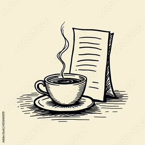 Hot coffee cup with steaming drink beside an open notepad  