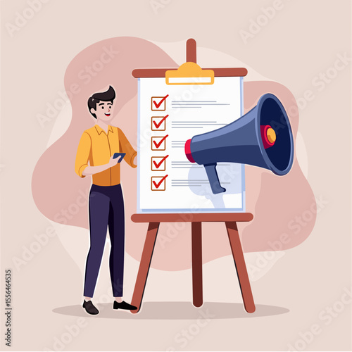Young man holding smartphone and standing beside checklist with megaphone  
