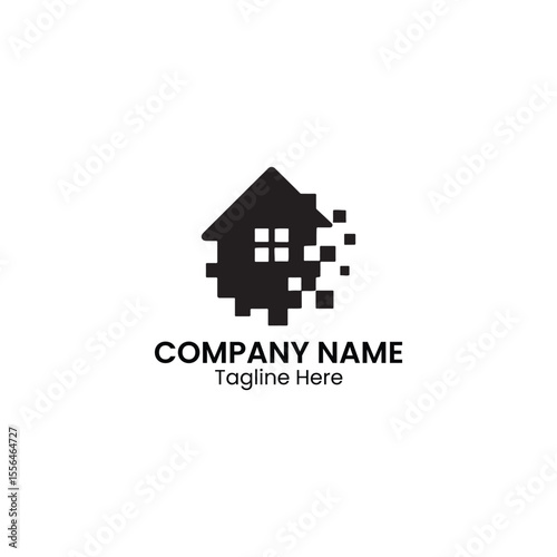 A black and white logo of a house with a pixelated effect and company name and tagline below it