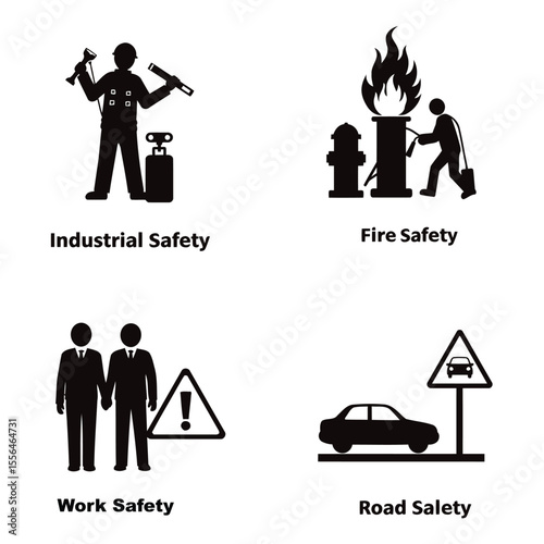 Collection of vector icons representing various safety concepts including industrial fire work and road safety demonstrating awareness and prevention techniques