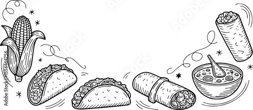 Black and white illustration of Mexican food tacos burritos corn soup vector