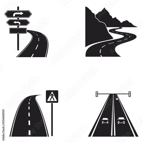 Illustrated collection of roadways and highway designs in simple black and white vector style suitable for transportation and directional concepts
