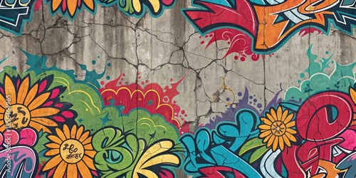 Cracked Wall Graffiti Art Vibrant Floral and Textured Design, Graffiti, Street Art