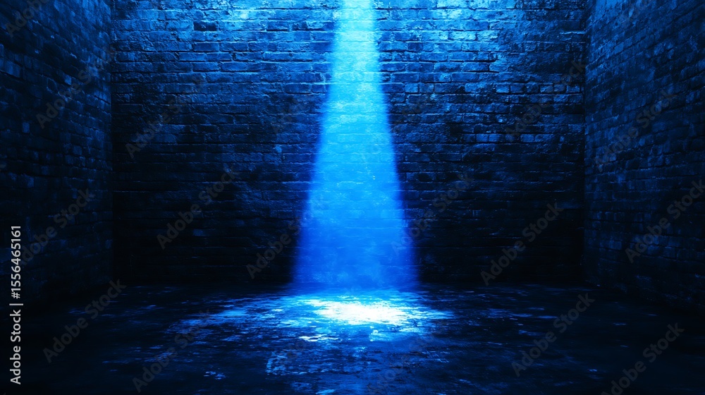 Obraz premium Dramatic light beam illuminating a dark, textured brick wall in an abstract, mysterious, and visually captivating scene.