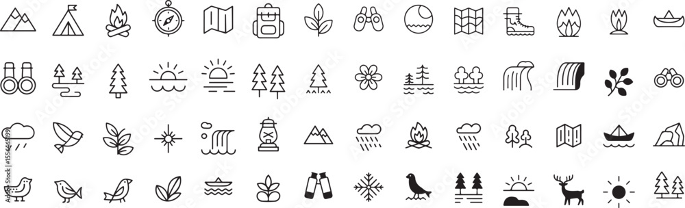 Fototapeta premium Mountains tent campfire compass map backpack leaves binoculars