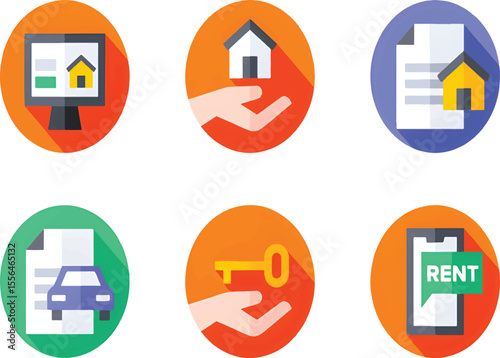 Rent Icon Set for Real Estate, Property Leasing, and Rental Agreement Graphics

