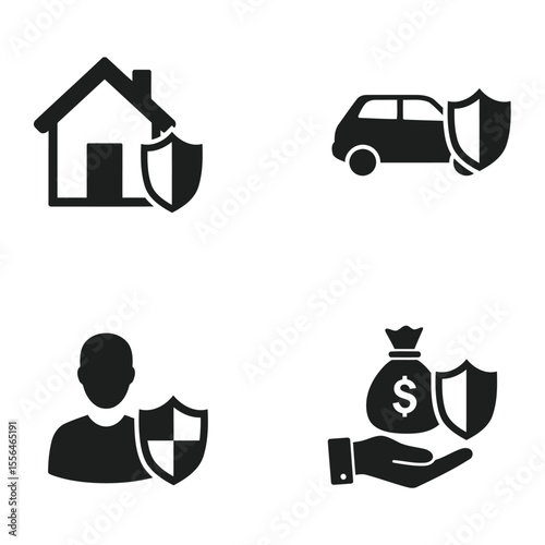 Insurance icons representing home car protection and financial security in a minimalist black and white design