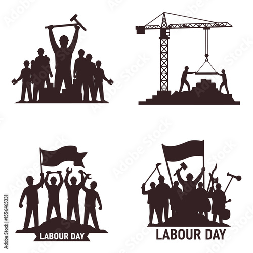 Labor day celebration silhouette set depicting construction workers and protests honoring the working class across various symbolic scenes.