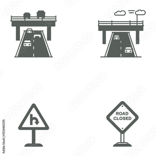 Monochrome highway and road sign icons representing traffic and road safety with bridges and warning symbols