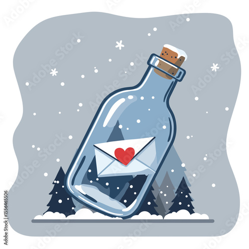 Message in a bottle with heart letter surrounded by snowy trees  