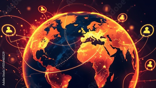 Global Communication Network: Interconnected Users and Fiery Earth