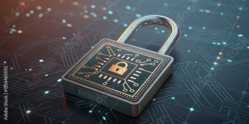 Cybersecurity Padlock 3D Render of Digital Lock on Circuit Board, Data Protection Concept, Cyber Security Cybersecurity, Data Encryption