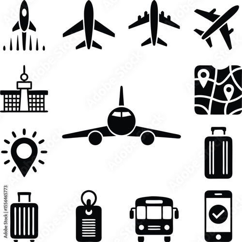 Black and white travel icons illustrating air transportation airport and location symbols