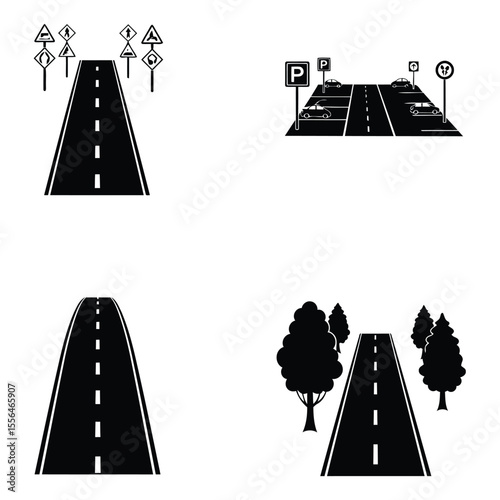Set of black and white road illustrations featuring traffic signs parking areas trees and roadways designs suitable for transportation and urban planning concepts