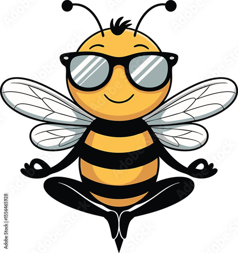 Cartoon bee meditating in yoga pose wearing stylish sunglasses smiling happily