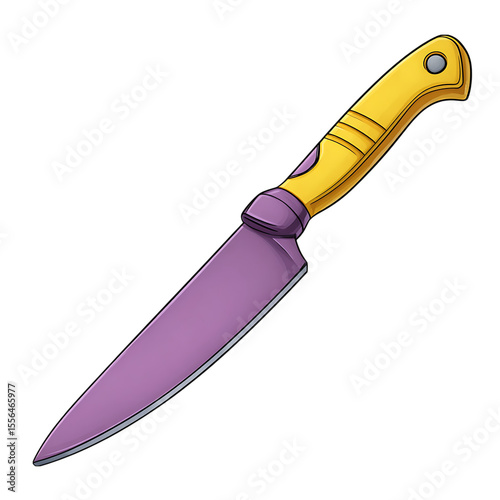 Cartoon chef knife with purple blade and yellow handle isolated on transparent background