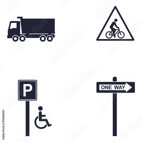 Set of road signs and transportation icons representing truck bicycle parking and one way directional guidance