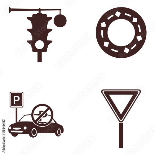 Set of traffic signs and symbols in a simple and flat design style representing road transportation guidelines and directives